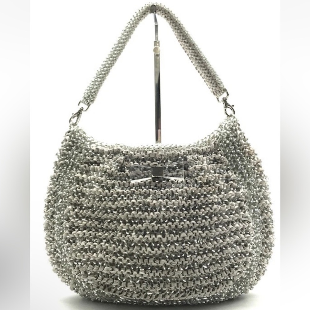 Quiet Luxury Anteprima Wired Silver & Light Grey purse w/ Acrylic Bow Accent